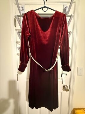 Sandra Darren Burgundy Velvet Long Sleeve Midi Dress